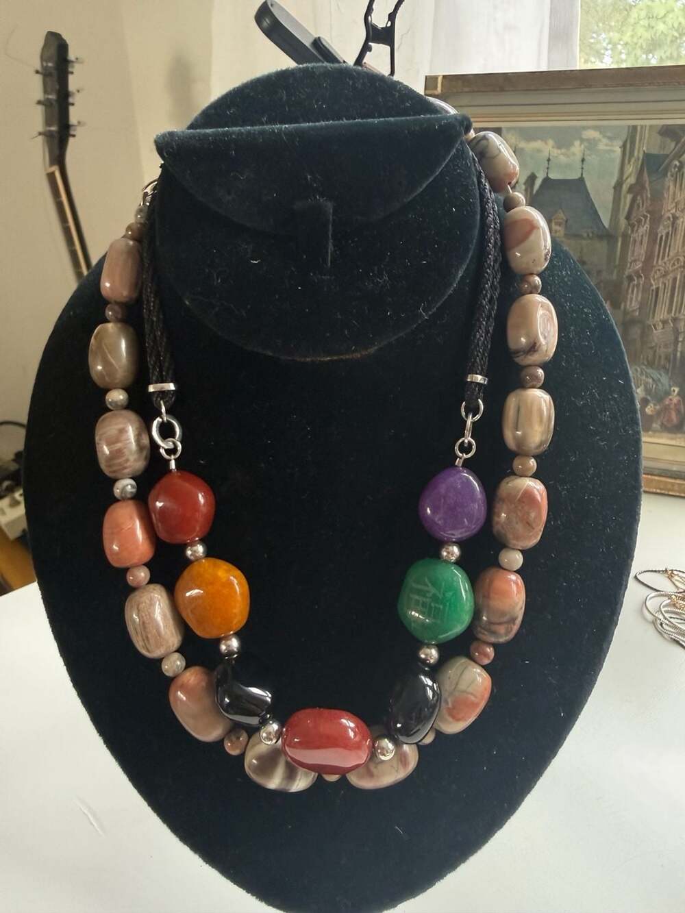 DP 925 Sterling Silver Multi-Gemstone and Petrified Wood Beaded Layered Necklace